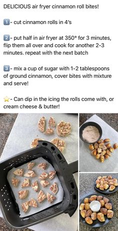 the instructions for how to make cinnamon roll bites in an air fryer and then put them on top of each other