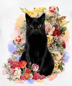 a black cat sitting in front of flowers on a white shirt with an artistic background