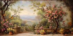 a painting of flowers and trees in front of a wall with a mural on it