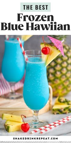 two blue hawaiian cocktails with pineapple on the side