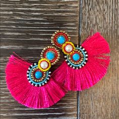 Amazing For Festival Time Adorable Tribal Fringe Earrings Hot Pink With Turquoise And Pearl Detail Brand New Never Worn Crown Jewels, Big Earrings, Fringe Earrings, Girls Best Friend, Bright Color, Quinceanera, Pink Ladies, Beading, Hot Pink