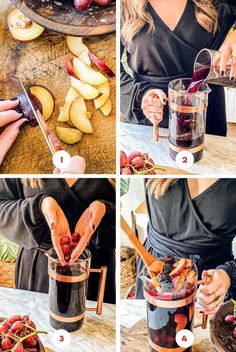 four photos showing how to make an apple cider recipe with apples and cherries