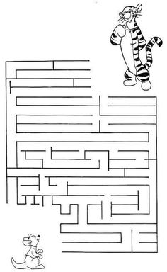 a maze with a cartoon cat and a dog on the side, in black and white