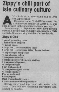 an old newspaper article about the zippy's chili part of isle culinary culture