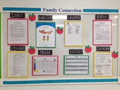 a family connection bulletin board with apples and posters