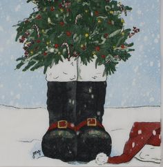 a painting of two boots and a christmas tree in the snow with candy canes