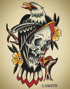 an eagle with a hat on it's head sitting next to a skull and flowers