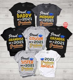 "Personalized Graduation shirts, Matching Graduate Squad , Family Graduation Shirts, Class of 2021 Shirt Family Note: Please add each shirts to your cart individually and place one order. HOW TO ORDER T-SHIRT Important Note: Women V-Neck shirts are relax fitted but, Unisex Shirts run true unisex sizes. 1-) Please, Check and Review all Photos. 2-) Select Your T-Shirt Style and Size. 3-) Select Your Product Color. 4-) Choose Your Quantity as much as you want. 5-) Personalization Required: Please E Family Graduation Shirts, Graduation Shirts For Family, Gifts 2021, Graduation Shirts, Unisex Shirts, Family Shirts, Mom Dad, Neck Shirt, Graduation Gifts