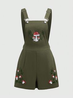 Army Green Casual Collar Sleeveless Fabric Floral Overall Embellished Non-Stretch  Women Clothing Ivy Embroidery, Mushroom Clothes, Clothes Green, Cottagecore Outfits, Earthy Outfits, Dress Collar, Dress Design Sketches, Whimsical Fashion, Fabric Floral