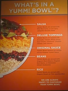 a menu for what's in a yumm bowl? with instructions on the side