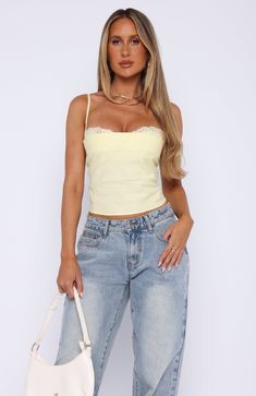 Tell Me All About It Top Lemon | White Fox Boutique US Yellow Going Out Top, White Fox Top, White Fox Tops, Cute Going Out Tops, White Fox Outfits, Acl Outfits, Flowy Tops Summer, Lemon Head, Vacation Fits