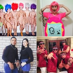 four different pictures with people dressed in costumes and one has pink hair, the other is blue