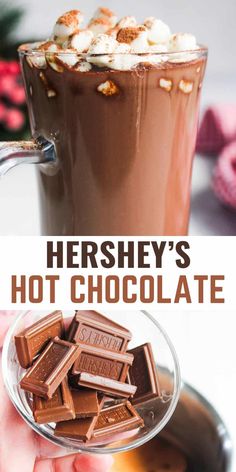 hot chocolate in a glass mug with marshmallows on top and the title overlay reads hershey's hot chocolate