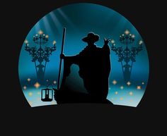 the silhouette of a man with a cane and hat is holding a lantern in his hand