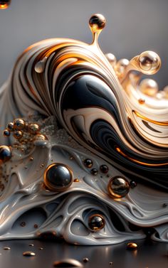 an abstract art work with water droplets and liquid drops on the surface, as well as gold