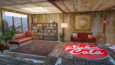 a living room filled with furniture and a coca cola sign