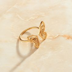 *NEW RELEASE Details:   Size 6 - 16.5mm Size 7 - 17.3mm Size 8 - 18.2mm 18k Gold Plated FREE Insured Shipping (Worldwide) Butterfly Wing Jewelry, Jewelry Chunky, Hypoallergenic Jewelry, Retro Vintage Style, Gold Butterfly, Silver Pieces, Butterfly Wings, Steel Ring, Steel Jewelry