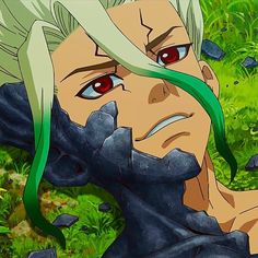 an anime character with green hair and red eyes in the grass, staring at something