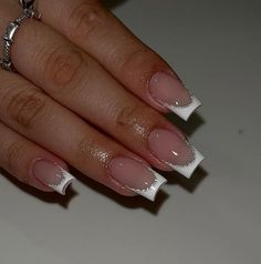 Square French Tip With Design, French Tip Nails Square With Design, Glitter Lined French Tips, French Tips With Design Short, Short French Nails With Glitter, Nail Designs French Tip White, Square French Tips With Design, Square French Tip Acrylic Nails Design Short, Nails Acrylic Square French Tip