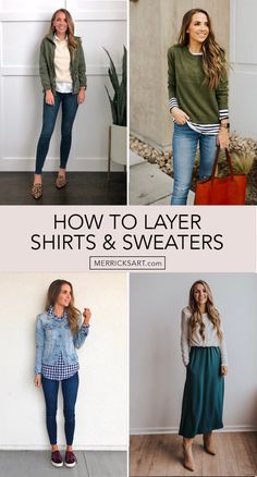 How to Style It: Layering Shirts and Sweaters - Merrick's Art Flannel Shirt Under Sweater, Winter Shirt Outfit Women, How To Layer Your Outfits, How To Layer Over A Dress, Layering Clothes For Fall, How To Layer Your Clothes, How To Layer A Sweater, How To Layer For Fall, How To Layer An Outfit