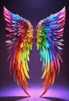 an image of two colorful wings on a purple and blue background with the colors of the rainbow