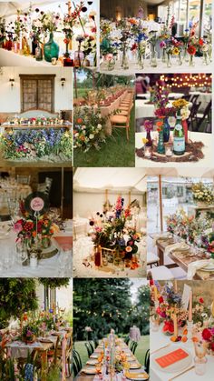 a collage of photos with flowers and vases on the tables in front of them