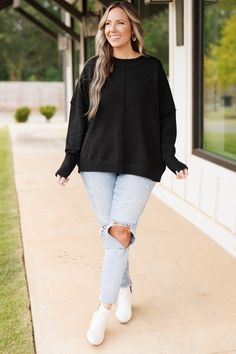 Stay cozy all season in this sweater! In a classic black hue, this figure flattering piece looks great with distressed denim and accessories for a casual-chic look! Crafted from premium fabric, this timeless piece is sure to be a staple in your wardrobe!  100% Polyester Plus Size Wardrobe Capsule, Plus Size Long Sleeve Dress, Plus Size Wardrobe, Chic And Curvy, Plus Size Fashion For Women, Model Fits, Move On, Stay Cozy, Sweater Black