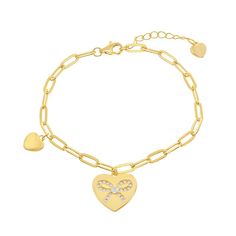 This lovely 14k gold over sterling silver heart bracelet is a must-add to your fine jewelry collection.This lovely 14k gold over sterling silver heart bracelet is a must-add to your fine jewelry collection.Click on this JEWELRY & WATCHES GUIDE to learn about fit, styles, materials and more! Length: 7.5 in. Metal: sterling silver Plating: 14k gold Finish: polished Additional details: cubic zirconia accents Packaging: boxed Gemstones may have been treated to enhance their appearance. Special care Yellow Gold Sterling Silver Heart Bracelet For Anniversary, Tarnish Resistant Heart Bracelet For Anniversary, Tarnish-resistant Heart Bracelet For Anniversary, Gold Heart-shaped Sterling Silver Chain Bracelet, Gold Sterling Silver Heart Charm Bracelet, Fine Jewelry Heart Bracelet With Charm For Anniversary, Gold Charm Bracelet With Heart Charm For Mother's Day, Fine Jewelry Heart Charm Bracelet For Anniversary, Silver Gold-plated Heart Bracelet For Valentine's Day