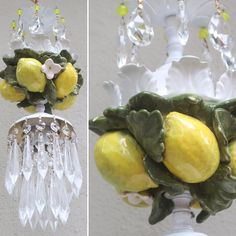 two pictures of lemons and leaves hanging from a chandelier with crystal drops