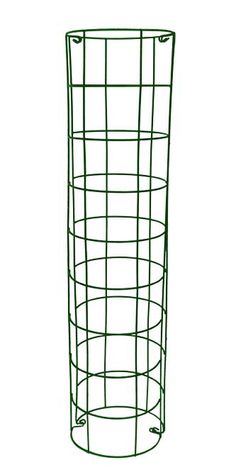 a tall green wire basket on a white background