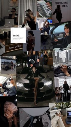 a collage of photos with people and cars in the background, including a woman sitting on top of a car