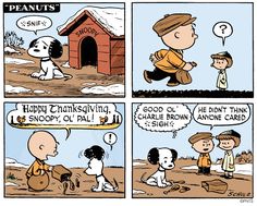 a comic strip with peanuts saying, happy thanksgiving and snoop's house in the background