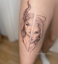 #tattoosforwomen #tattoo #angel #demon #tattoolife Angels Demons Tattoo, Angel Women Tattoo, Angel With Horns Tattoo, Leg Women Tattoo, Angelic Tattoos For Women, Demon And Angel Tattoo, Devil Tattoo For Women, Demon Angel Tattoo, Female Devil Tattoo