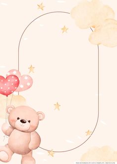 a teddy bear holding two balloons in the shape of a heart with stars on it