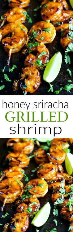 honey sriraca grilled shrimp with apple slices and parsley on the side