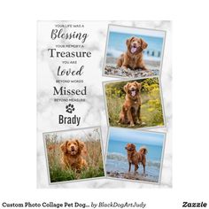 three pictures of dogs with the words blessing and their names in white marble, on top of