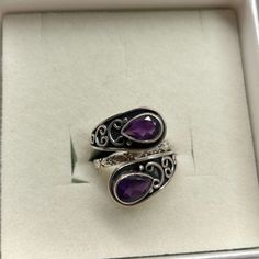 925 Sterling Silver Ring, New, Unworn, Just Tried On. The Ring Is Adjustable Can Fit A Size 6-8, Fits On My 7.5 Size Ring Finger, Sits At About A 7 On The Ring Sizer Stamped 925 India Pti Adjustable Silver Amethyst Ring In Sterling Silver, Silver Amethyst Open Ring Stamped 925, Silver Open Amethyst Ring Stamped 925, Sterling Silver Teardrop Rings Stamped 925, Silver Sterling Amethyst Open Ring, Purple Rings, Ring Sizer, Ring Finger, Amethyst Ring