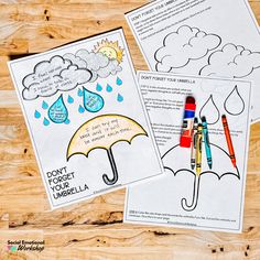 two coloring pages with umbrellas and raindrops on them, one has the words don't touch my umbrella