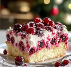 Christmas Cranberry Poke Cake, Cranberry Poke Cake, Fluffy White Cake, Pizza Grilled Cheese Recipes, Banana Split Dessert Recipes, Cranberry Filling, Homemade Whipped Cream Recipe, Christmas Cranberry, Poke Cake Recipe