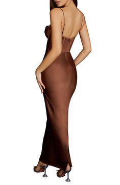 Be the highlight of every glam event in this stunning corset dress cut from silky satin in a curvaceous silhouette for an elegantly seductive look. Exclusive retailer 59 1/2" length Cowl neck Spaghetti straps Polyester/elastane Dry clean Imported Gala Evening Dress In Satin With Boning, Satin Evening Dress With Boning For Gala, Satin Evening Dress With Boning, Formal Satin Dress With Corset Back, Satin Gown With Fitted Bodice For Night Out, Satin Evening Dress With Fitted Bodice For Cocktail, Satin Corset Dress With Fitted Bodice For Cocktail, Satin Prom Dress With Boning, Satin Prom Dress With Boning Details