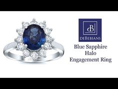 a blue sapphire halo engagement ring with diamonds on the side and an ad for debeehan's