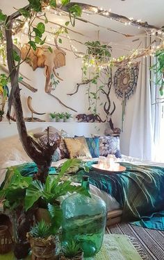 a bedroom with plants and decorations on the wall