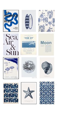 an assortment of blue and white art prints