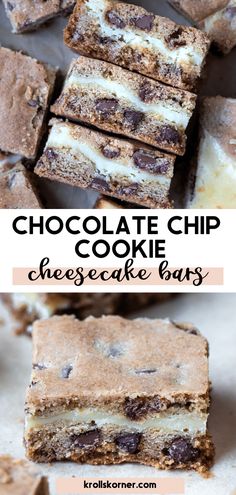 chocolate chip cookie cheesecake bars stacked on top of each other with the title above it