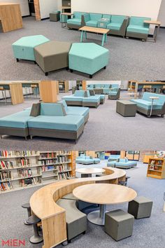 there are many different tables and chairs in the library