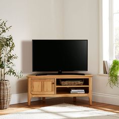 a flat screen tv sitting on top of a wooden entertainment center next to a potted plant