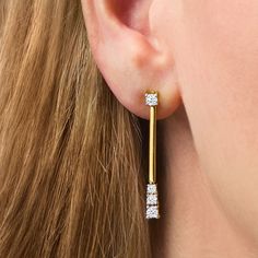 Ross-Simons - 1.00 ct. t. w. Diamond Linear Bar Drop Earrings in 14kt Yellow Gold. A sleek and elegant look, these earrings shimmer with 1.00 ct. t. w. round brilliant-cut diamonds at either end of the linear bar drops, which glow in polished 14kt yellow gold. Hanging length is 1 3/8". Post/clutch, diamond linear bar drop earrings. Diamond birthstones are the perfect gift for April birthdays. Drop Earrings Diamond, April Birthday, Diamond Birthstone, Earrings Diamond, Round Brilliant Cut Diamond, Buy 1, Round Brilliant, Fine Jewelry, Diamonds