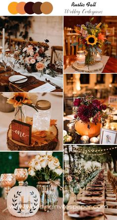 a collage of photos with flowers, candles and pumpkins on them for fall wedding reception