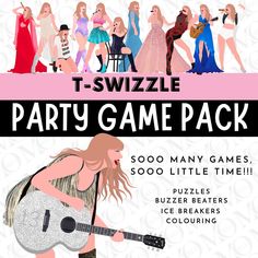 Printable ERAS Party Game Pack filled with Trivia, Puzzles, Buzzer Beaters, Coloring and more.  Perfect for Fans, Sleepovers and Weekend Fun Party Inspo, Printable Party, Watch Party, Ice Breakers, Taylor Swift (lyrics), Weekend Fun, Taylor Swift Quotes, Party Game