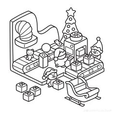 a black and white line drawing of a christmas scene with presents, toys and gifts